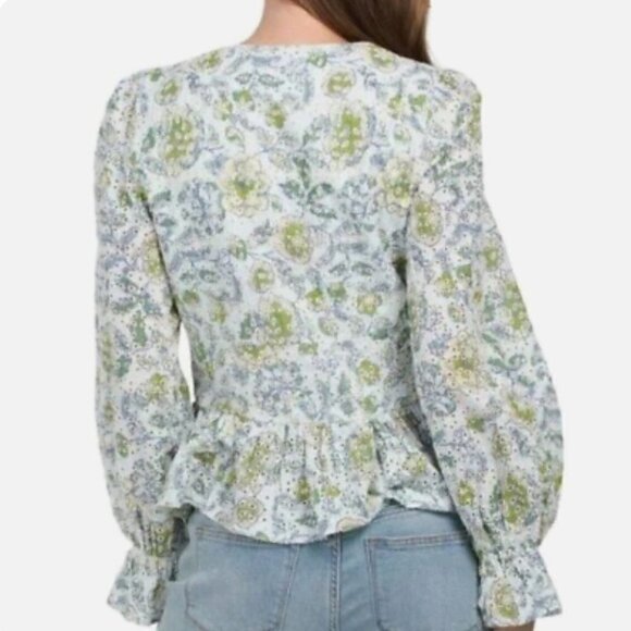 𝅺SEVEN for All Mankind blue floral print Peplum Blouse size Medium - Picture 9 of 16